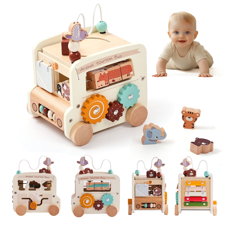 Party Games Bus - Montessori Holzspielzeug für Kinder, 5-in-1 Beschäftigungsspielzeug,