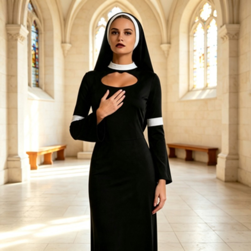 Party Games Crossplay - Halloween Dunkle Nonne Weibliche Priesterin Cosplay-Robe
